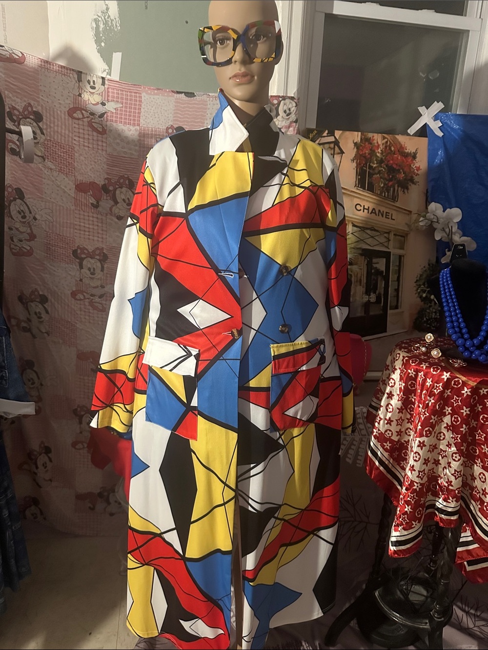 Colorblock Geometric Long Coat Dress - Bold Red, Blue & Yellow